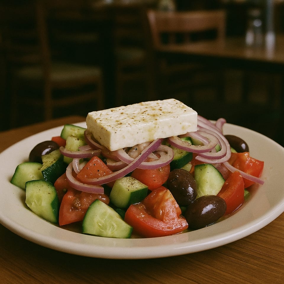 A fresh Greek salad with cucumbers, tomatoes, red onions, olives, and a block of feta cheese.