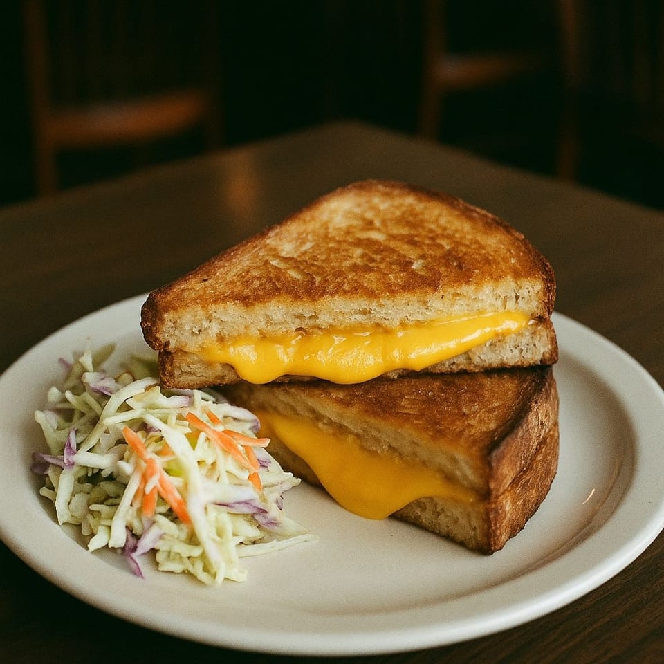 Grilled cheese sandwich with melted cheese and a side of coleslaw on a white plate.
