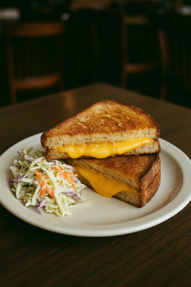 Grilled cheese sandwich with melted cheese and a side of coleslaw on a white plate.