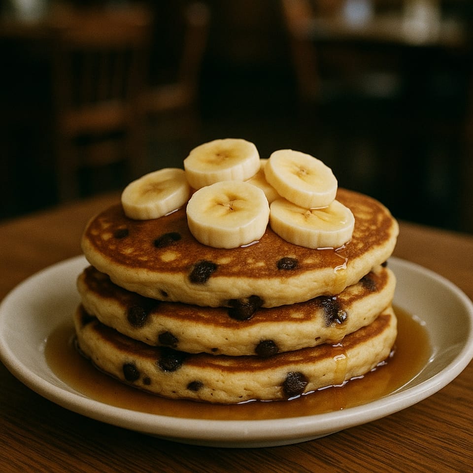 Stack of three chocolate chip pancakes topped with sliced bananas and maple syrup.