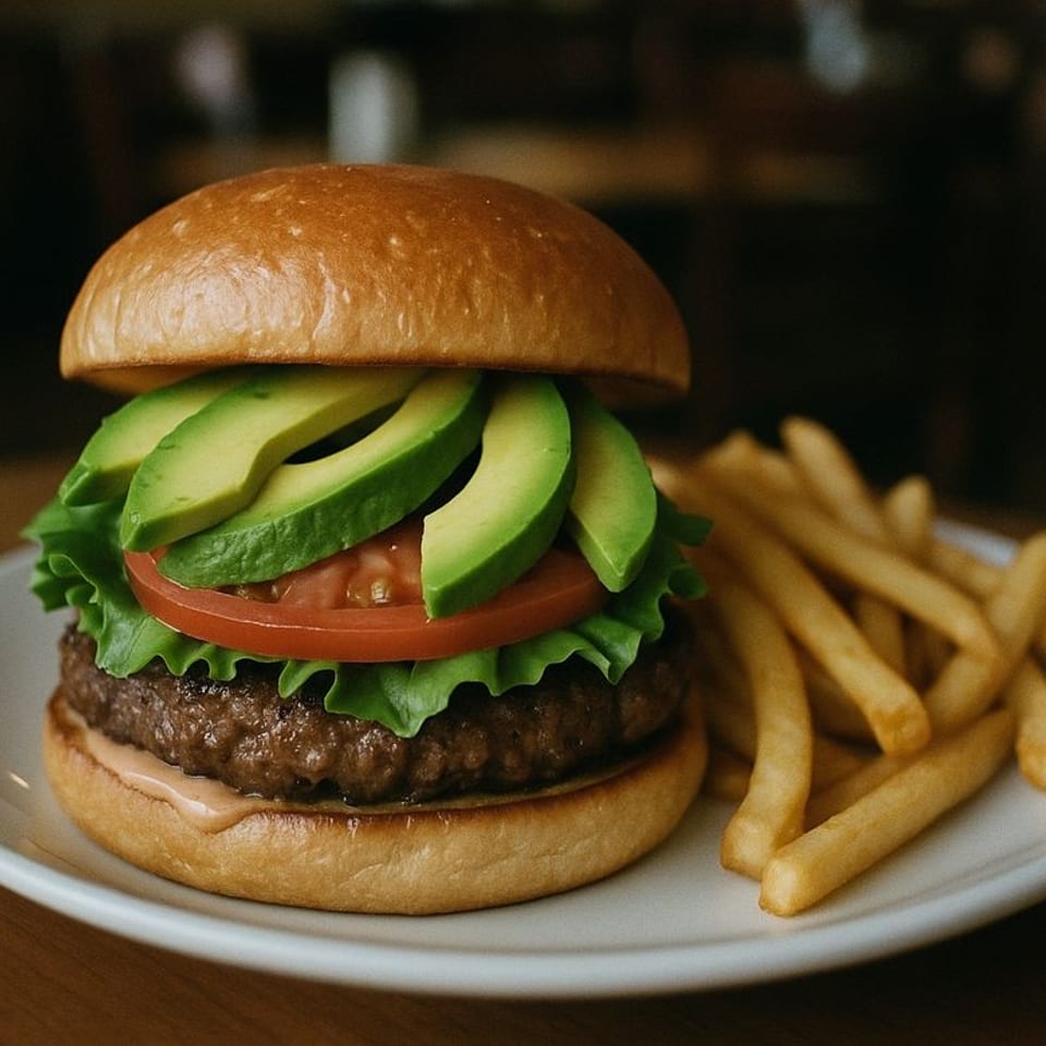 A Healthy Bites Gourmet Corp. deli burger with avocado, lettuce, tomato, and fries on a white plate.