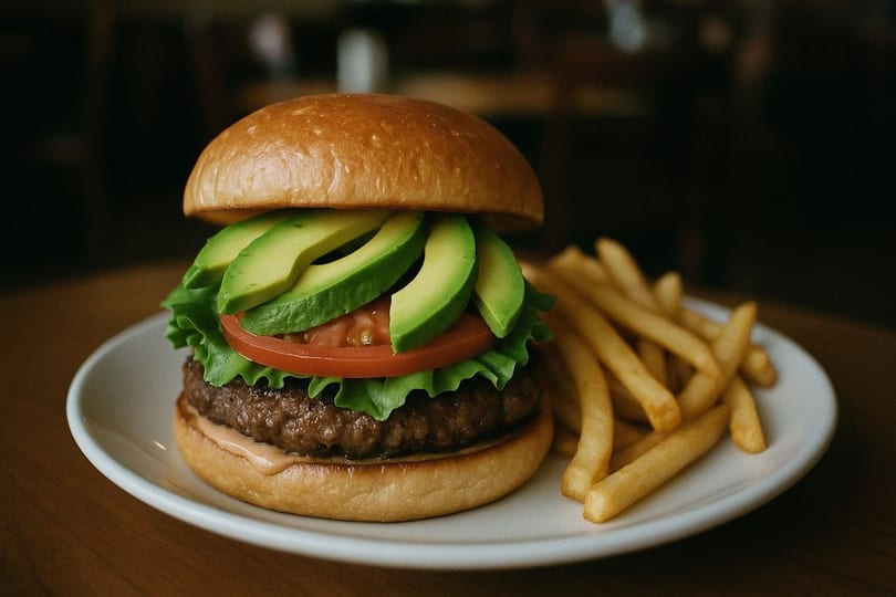 A Healthy Bites Gourmet Corp. deli burger with avocado, lettuce, tomato, and fries on a white plate.