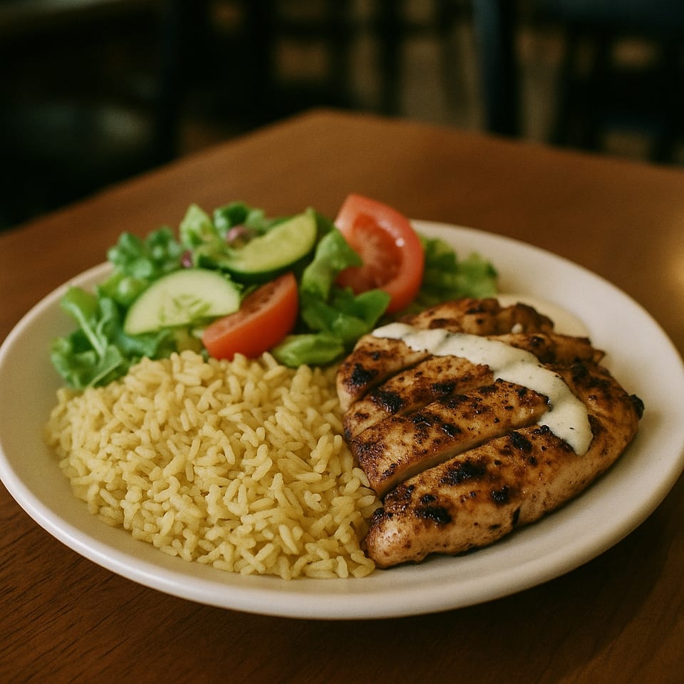 Grilled chicken with white sauce, yellow rice, and a side salad with tomatoes and cucumbers.